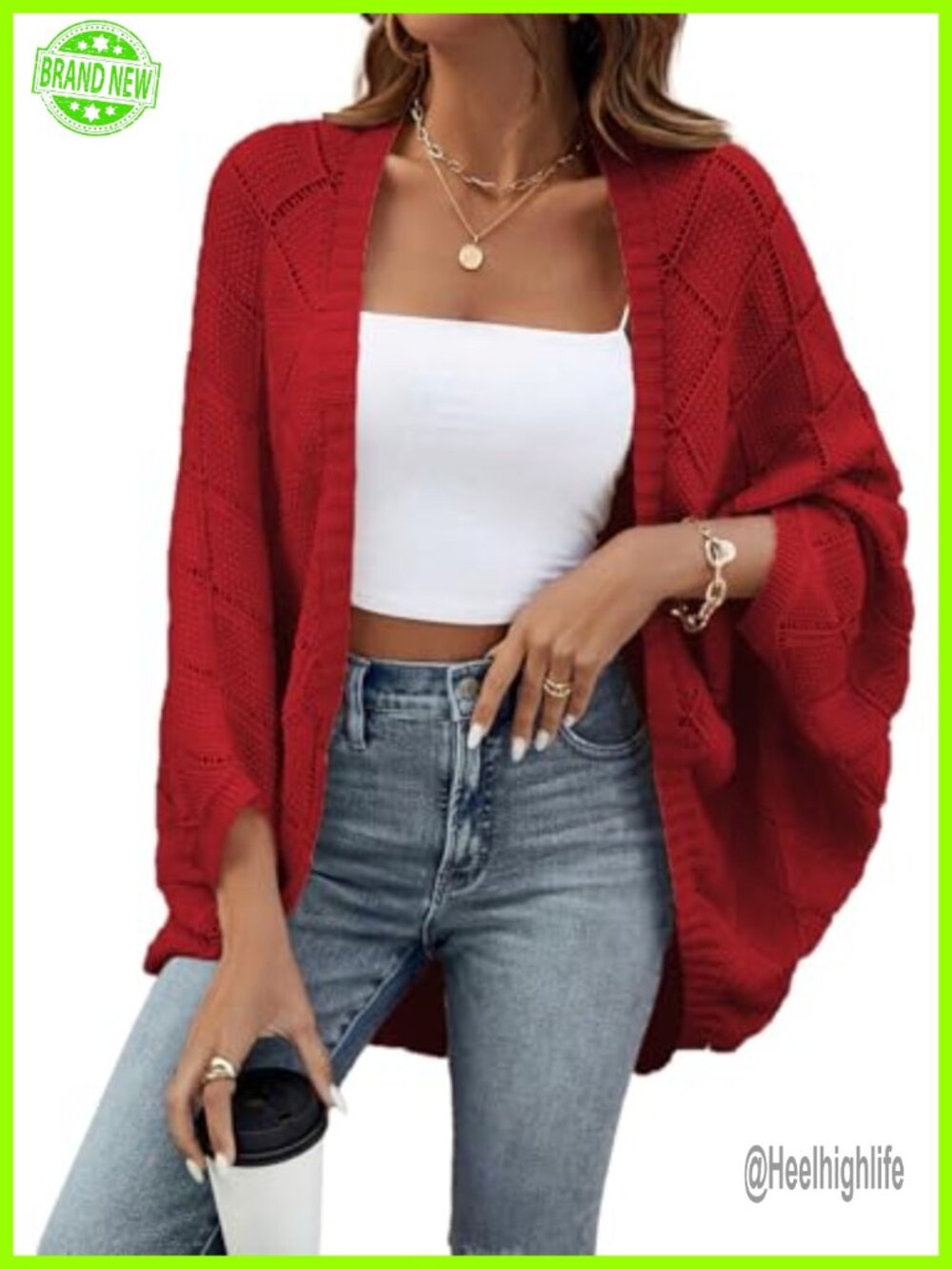 Sidefeel Crochet Oversized Cardigan Sweater Batwing Sleeve Lightweight Shrug